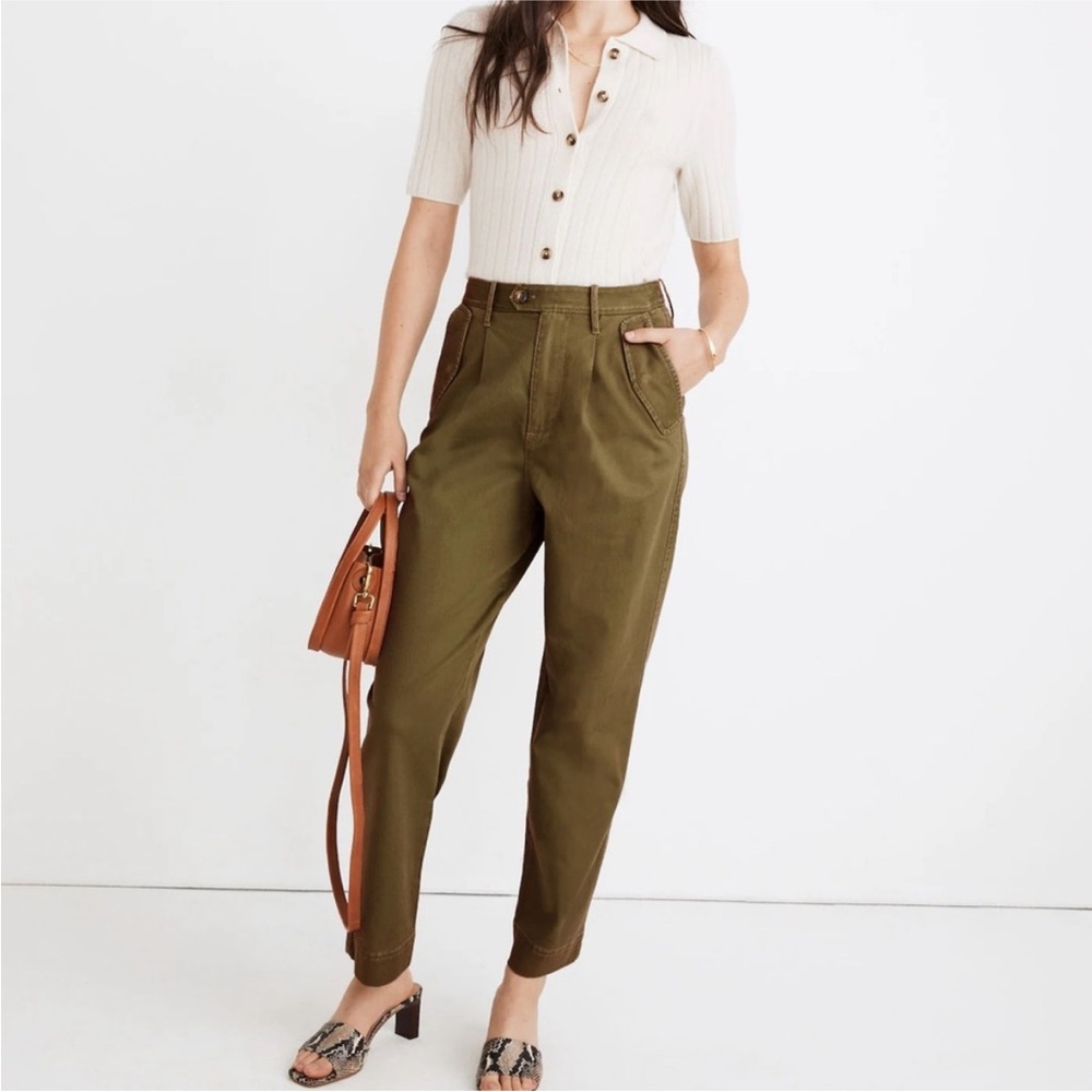 Madewell Pleated Taper Olive Green High-Waisted Pants 6